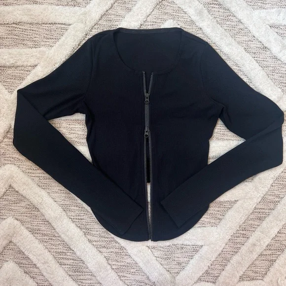 ALO Yoga Ribbed Stardust Jacket Double Zip Long Sleeve Top XS Like New Black - Picture 5 of 8